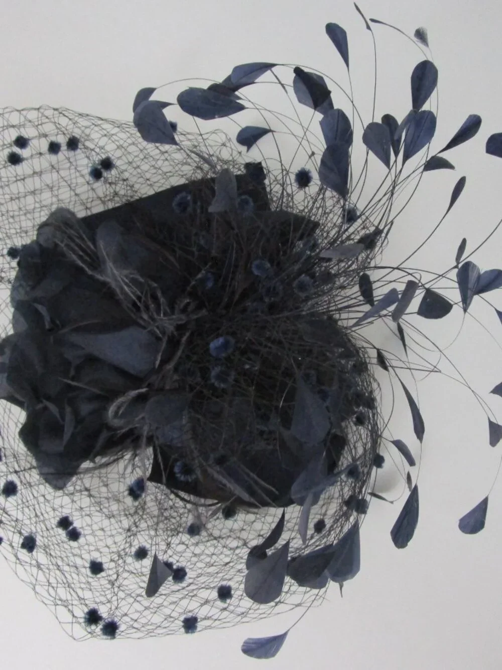 Flocked Veiled Cocktail Hat Silk Flower Feather Navy Wedding